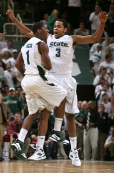 Kalin Lucas and Chris Allen bump chests after scoring against Wisconsin on February 22nd (photo from: ESPN.com)