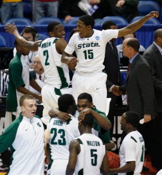 MSU players celebrate after advancing to the Sweet 16 of the NCAA Tournament. (Photo from ESPN.com)