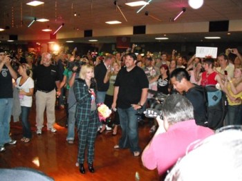 Drew Barrymore speaks at Bonaventure Roller Skating Center.