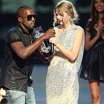 Kanye West interrupts Taylor Swift during her acceptance of the Best Female Video award at VMA 2009. (Photo from NewsBusters.com)
